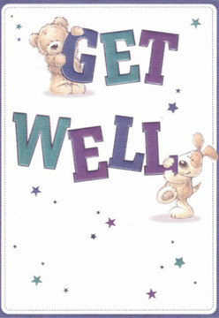 This cheerful get well card, evocative of the kindness and camaraderie found across Mottingham, features an irresistible bear clutching the word 'GET' with a gentle embrace, while a spirited puppy nestles close to the powerful, playful letters spelling 'WELL.' Their soft, rounded forms, highlighted in golden and chestnut hues, offer a visual sense of comfort, much like the welcome of a friendly neighbour from nearby Marvels Lane. The typography-confident and bold in teals and purples-stands out energetically atop a crisp, ivory background, reminiscent of the fresh start brought by a new bouquet on a Mottingham mantelpiece. Sprinkled throughout, tiny stars sparkle in rich shades of blue and lavender, lending the scene a whimsical, almost magical air that speaks to the hope and encouragement running through the heart of the community. The card exudes sincerity-each brushstroke radiating the nurturing energy so often felt when delivering fresh, hand-tied florals within Mottingham. It promises gentle support and heartfelt well-wishes, ideal for inclusion with a get well bouquet sent to loved ones nearby.