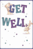 Like a gentle Mottingham morning, this get well card radiates soft optimism and genuine caring through its joyful, detailed illustration. Center stage are two charming companions: a cuddly bear balanced on the word 'GET,' its golden-brown fur warmly textured, and a floppy-eared puppy playfully anchoring 'WELL' below. Their affectionate postures and sweet faces evoke the comfort found in cherished friendships across the area-from green spaces by Mottingham Recreation Ground to friendly greetings along Sidcup Road. The letters themselves, bold and rounded, glow in hues of indigo and teal over a luminous cream-white background. Dancing across the scene, sparkling starbursts in blue, lilac, and deep violet create a sprinkle of magic, their energy reflective of the hopeful spirit so alive in Mottingham's neighbourhoods. The card's artistry brings each textured detail to life, inviting the sender to pair it with a vibrant floral delivery from Flowers Mottingham-a heartfelt gesture perfect for lifting a loved one's spirits during recovery.